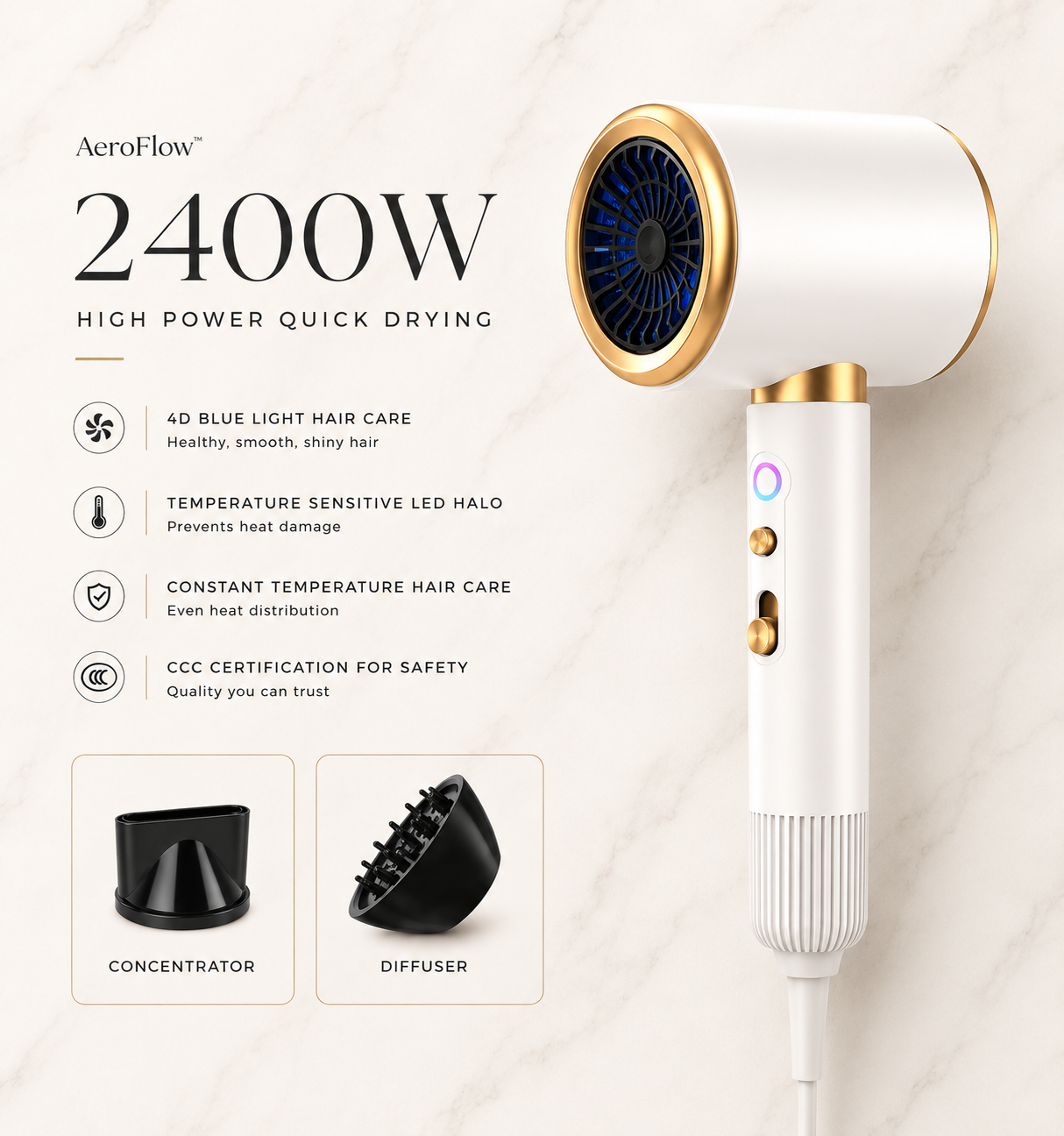 AeroFlow™ Icon | High-Speed Ionic Hair Dryer with Concentrator
