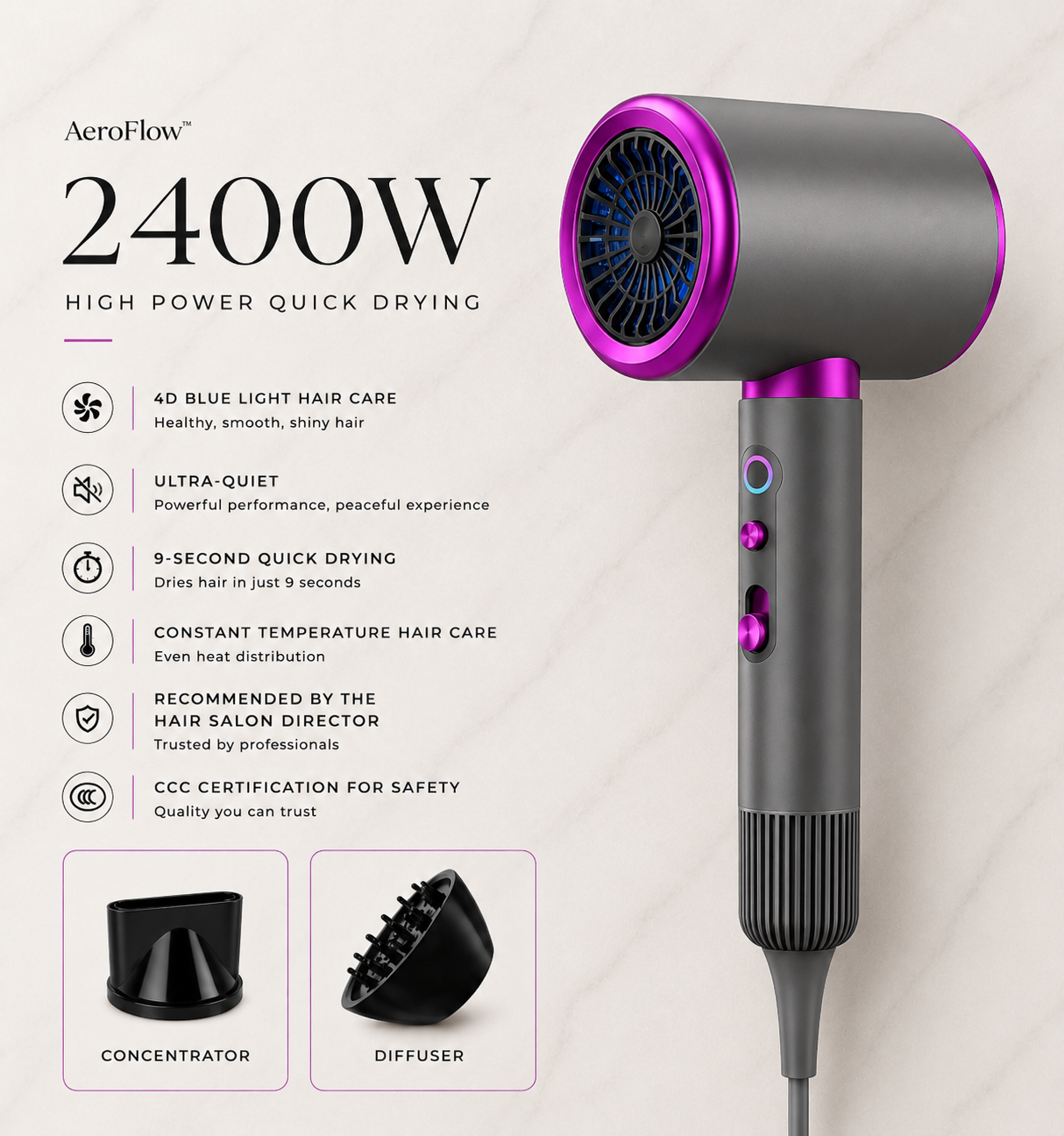 AeroFlow™ Icon | High-Speed Ionic Hair Dryer with Concentrator