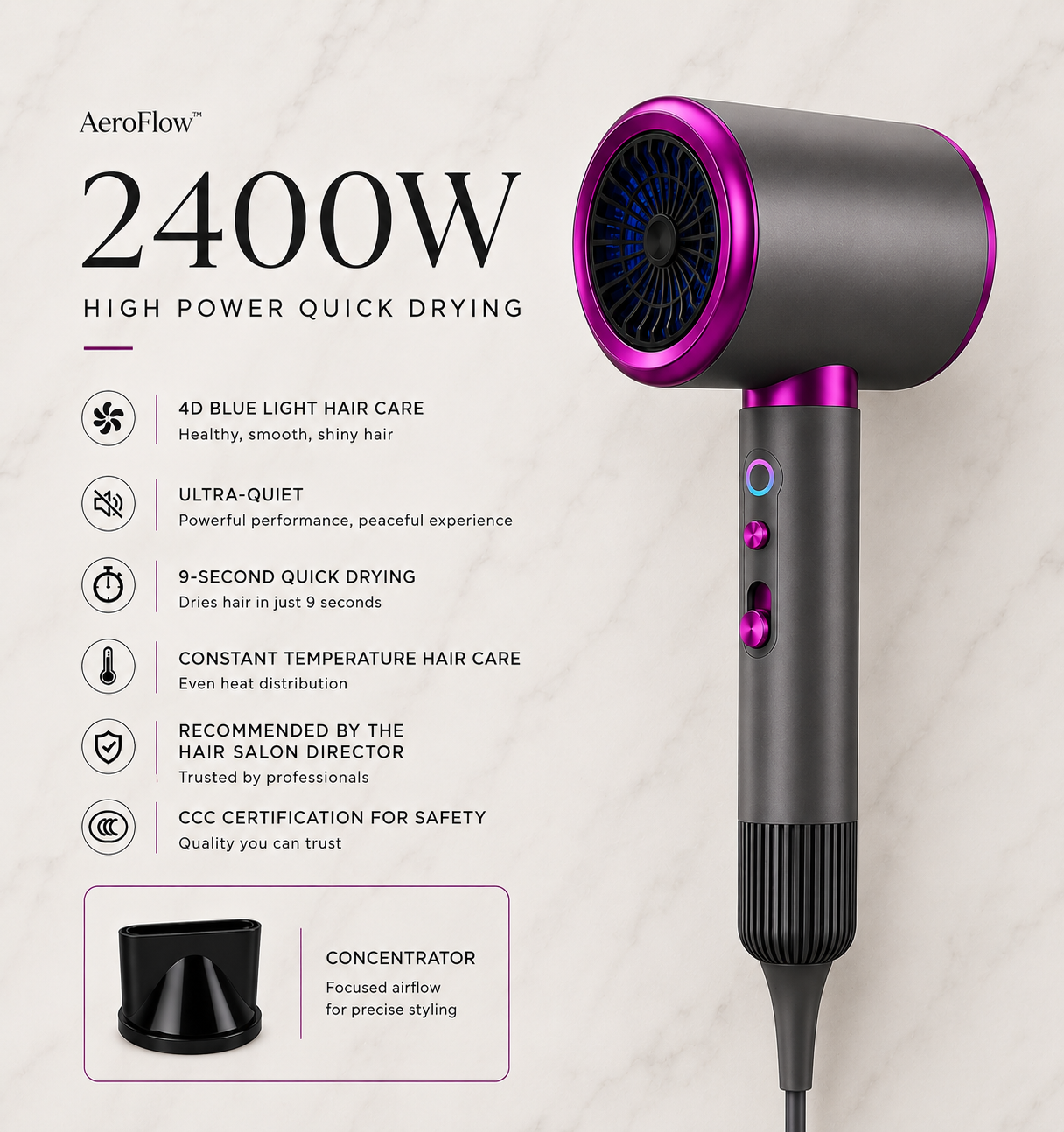 AeroFlow™ Icon | High-Speed Ionic Hair Dryer with Concentrator