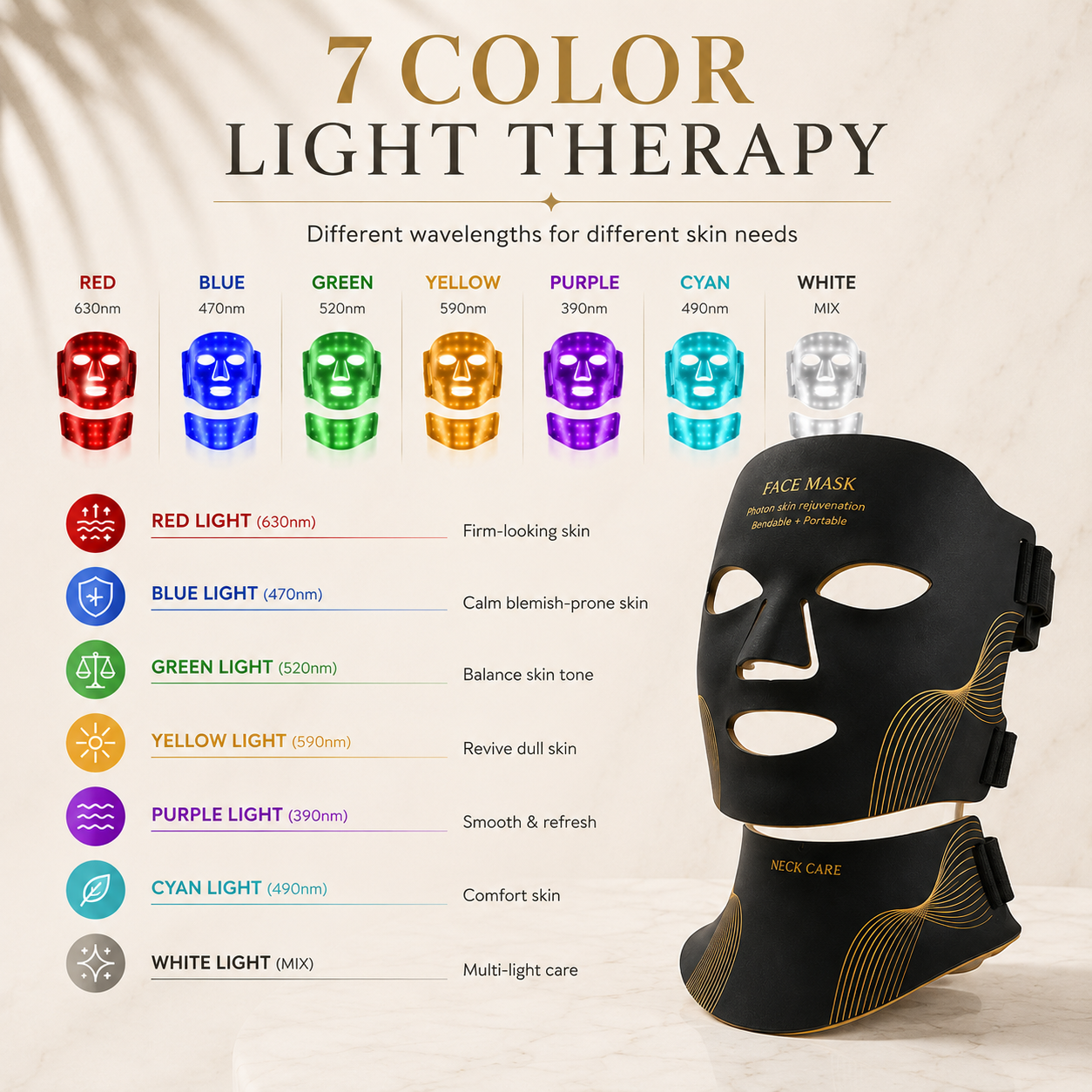 Lumielle™ 7-Color LED Light Therapy Mask – Face & Neck Skincare Device